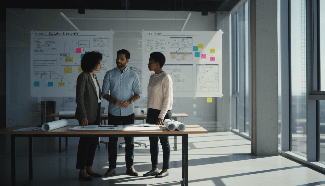 Team reviewing complex project plans on wall board