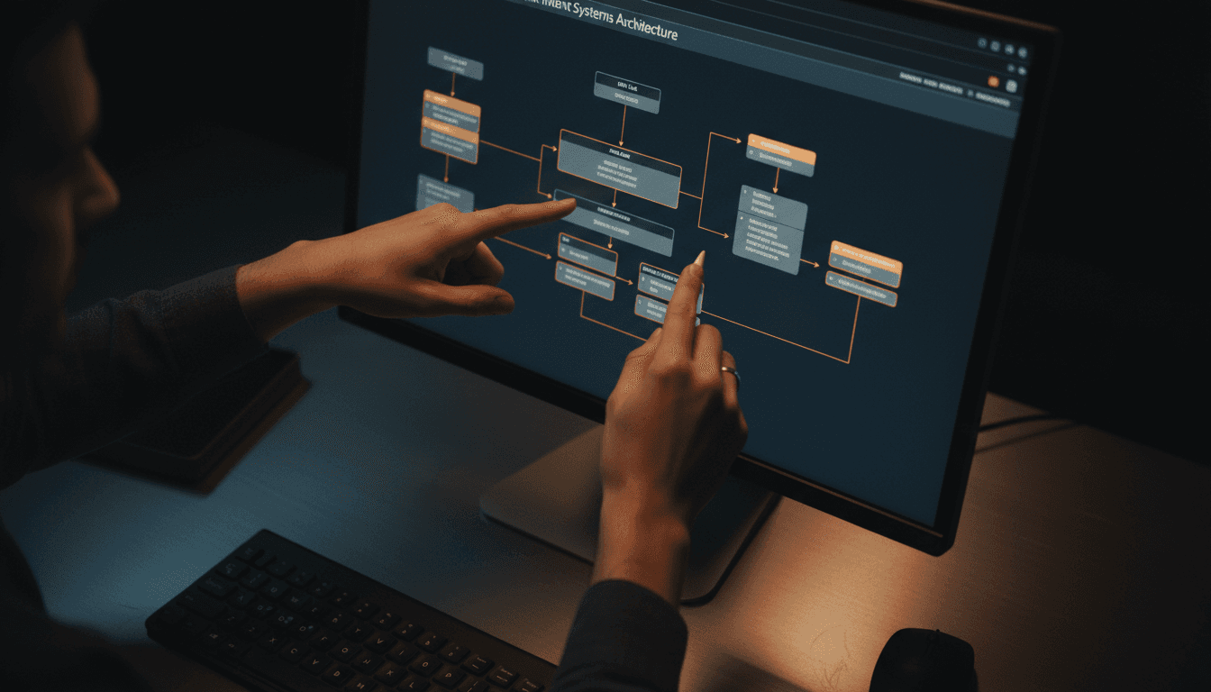 Hands pointing to technical architecture on screen