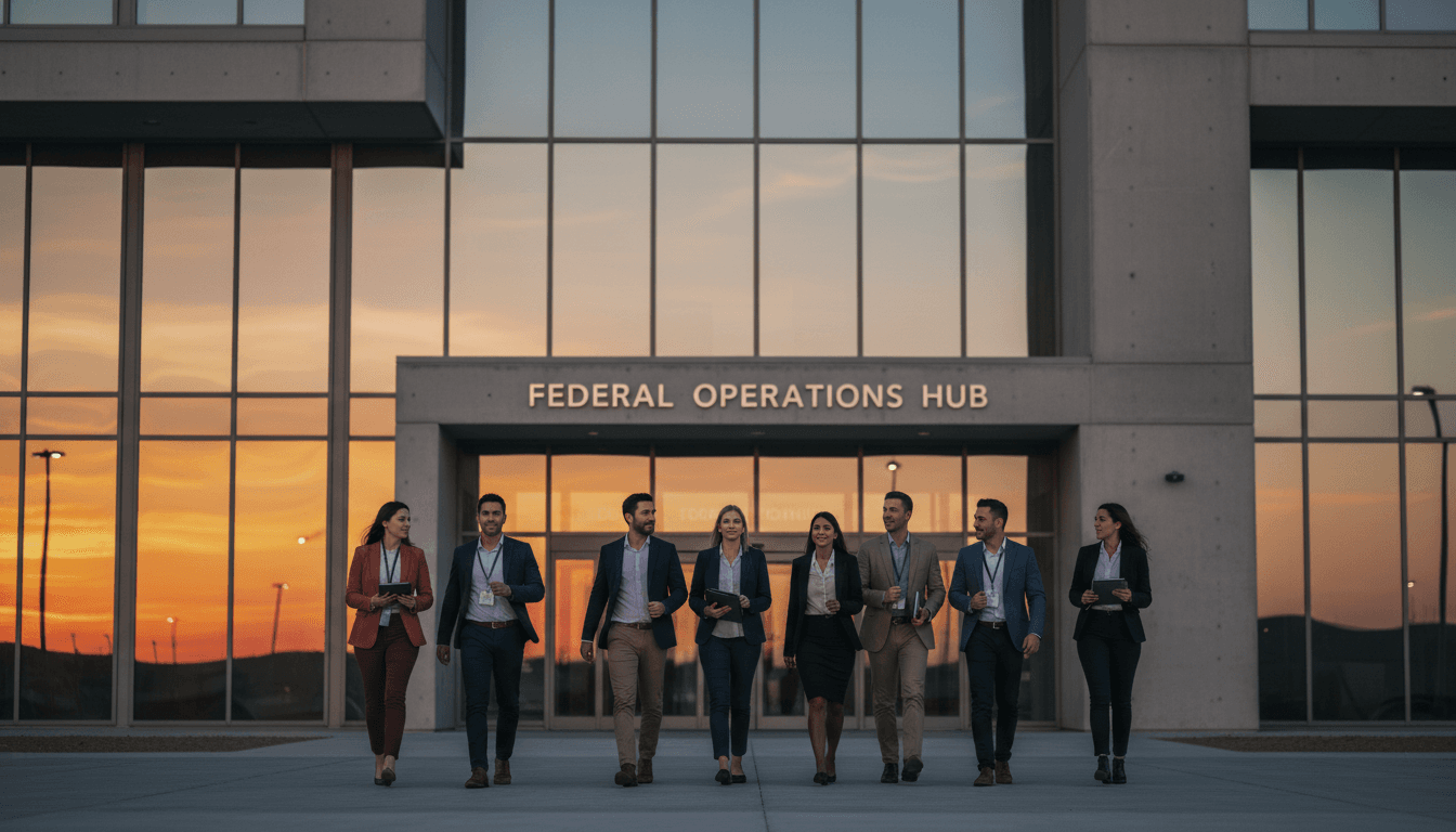Professional team entering a federal building, representing execution and delivery capability
