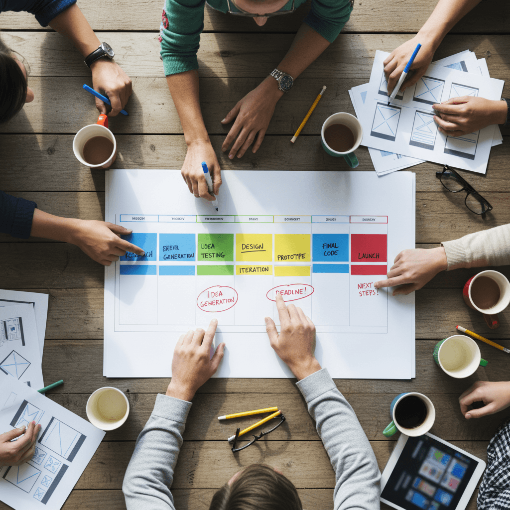 Hand writing project milestones on planning whiteboard