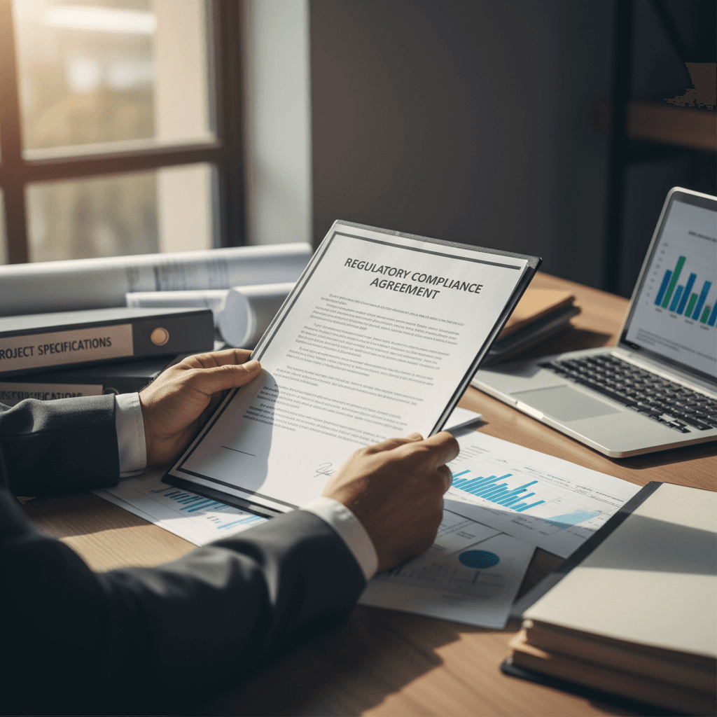 Project manager reviewing complex federal contracts and system architecture