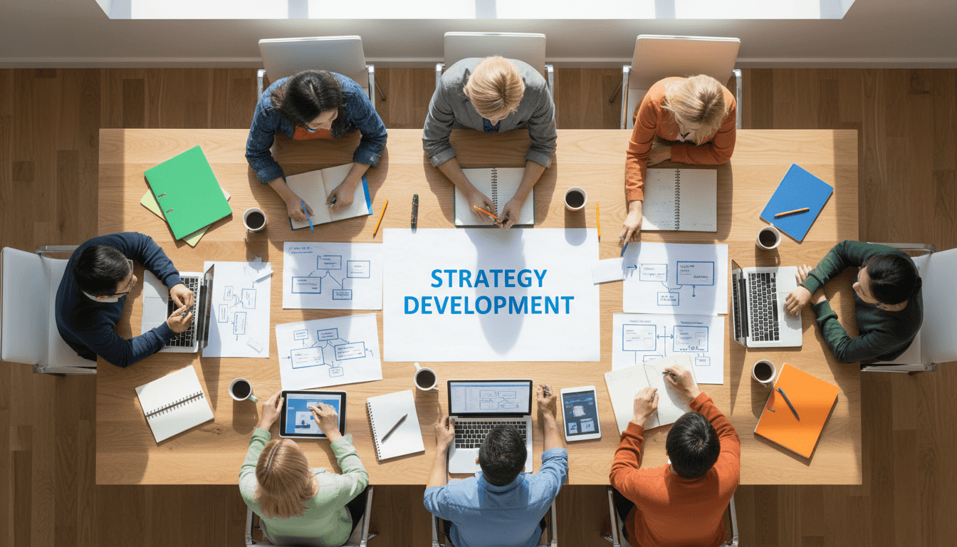 Team collaborating on project delivery at conference table